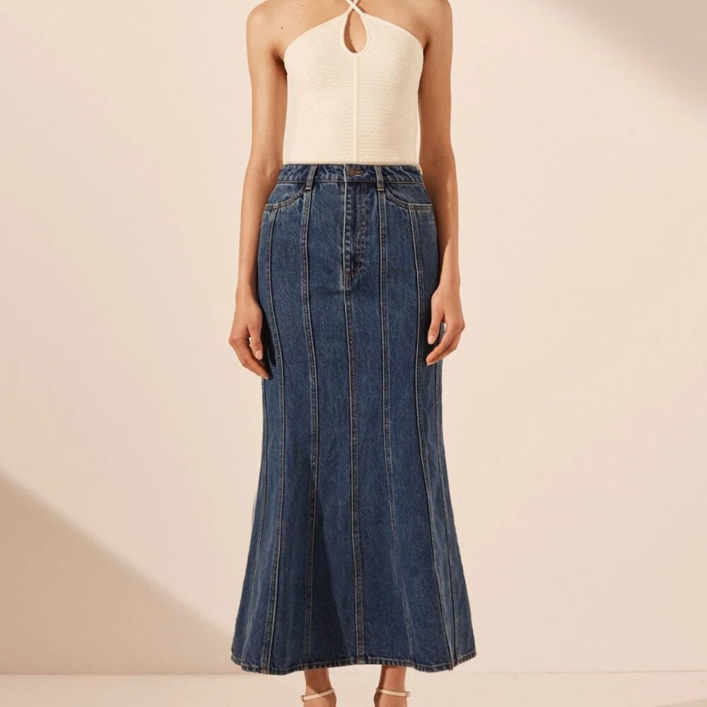 Shona Joy Tovere Godet Flared Midi Skirt in Indigo Denim